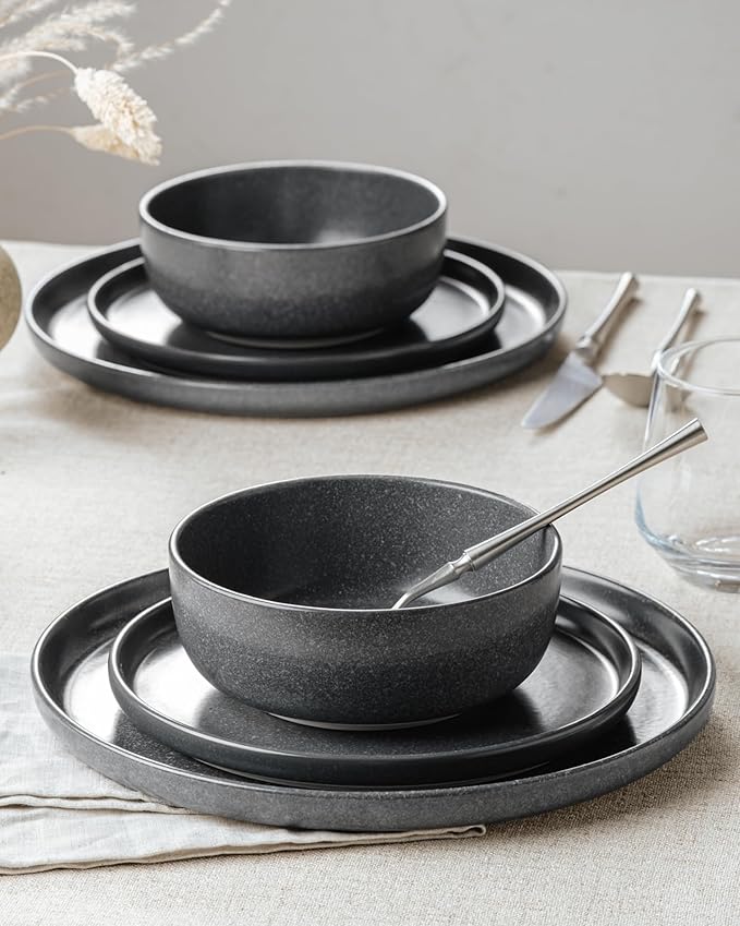 Famiware Milkyway Stoneware Dinnerware Sets with Pasta Bowls, Service for 4 (16 Pieces), Reactive Glaze Plates and Bowls Sets, Microwave and Dishwasher Safe Dishes Set, Matte Dark Charcoal