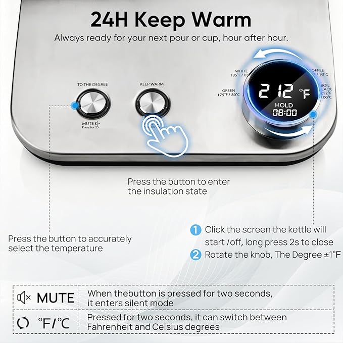 COZII Gooseneck Electric Kettle with ±1°F Temperature Control, 1200W Quick Heating for Pour Over Coffee & Tea, 0.9L Water Boiler with 24H Keep Warm & Auto Shut Off, Stainless Steel Interior, Silver