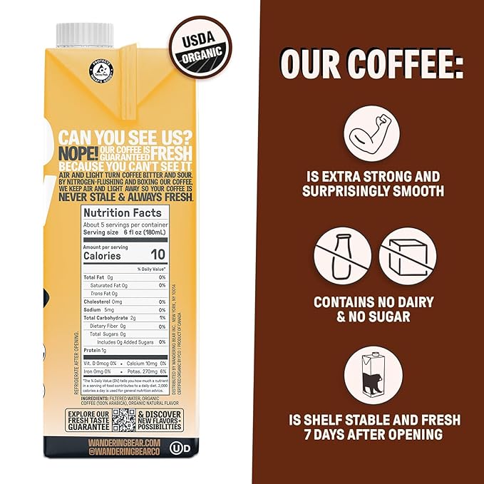 Wandering Bear Organic Caramel Cold Brew Coffee - Strong, Bold, Smooth, Unsweetened, Shelf-Stable, Ready to Drink, Gluten Free, & Vegan Iced Cold Brewed Coffee Drink - 32 fl oz, 6 pack