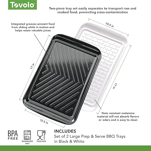 Tovolo Prep & Serve BBQ Trays Pack of 2 (Large - Black/White) - Serving Trays for Kitchen, Grill, Meal Prep, Smoker, Griddle, Barbeque, & More/BPA-Free & Dishwasher-Safe