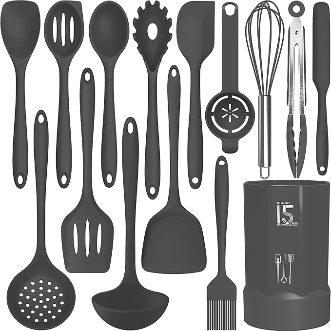 Silicone Cooking Utensils Set - 446°F Heat Resistant Kitchen Utensils,Spatula Sets,Turner Tongs,Spoon,Kitchen Utensil Gadgets Tools Set for Nonstick Cookware,Dishwasher Safe BPA Free (Gray)