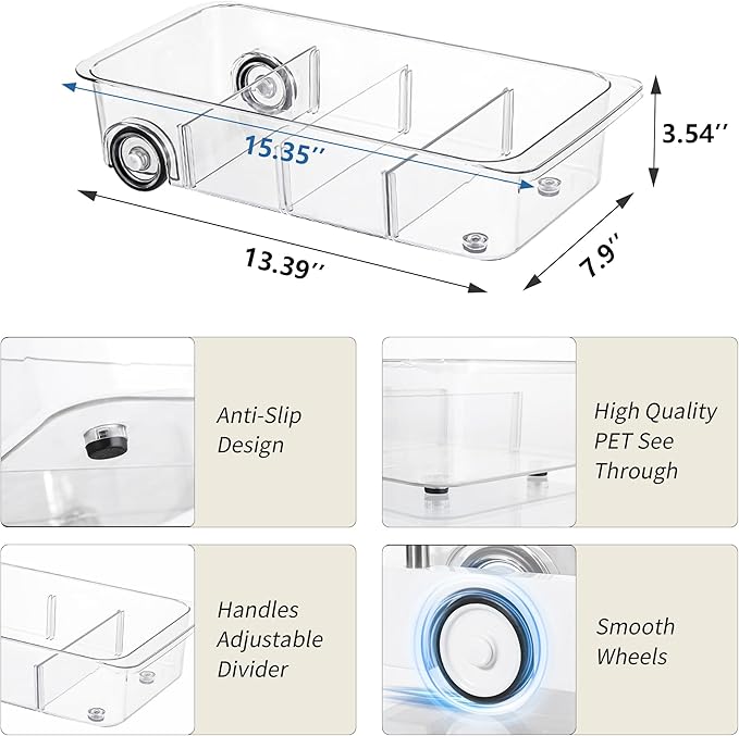 Attelite RollOut Refrigerator Drawer Organizer and Storage Clear Design with Dividers, Fridge Organizer on Wheels, Upgrade Thick Plastic Pantry Storage Bins, Kitchen Organization 2 Set