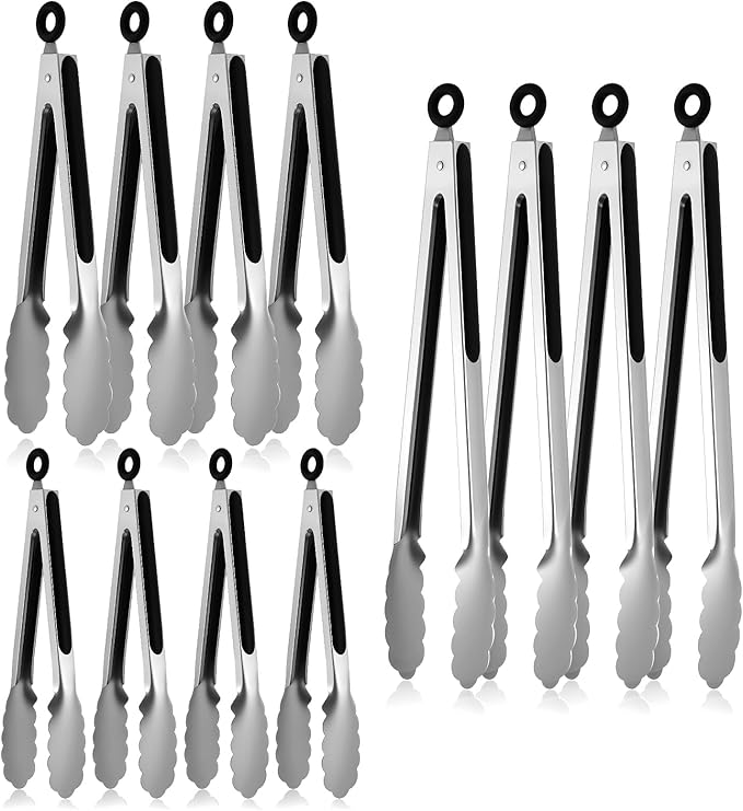 12 Pcs Stainless Steel Kitchen Tongs, 7/9/12 Inches Heat Resistant Cooking Tongs Heavy Duty Metal Locking Tong Non-Slip Metal Food Tong for Cooking Food Grill Salad BBQ