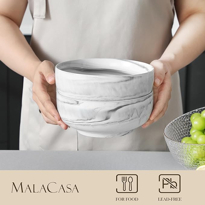 MALACASA Large Marble Grey Ceramic Soup & Salad Bowls Set of 2, 44 OZ (7"), Dishwasher & Microwave Safe, Series REGULAR