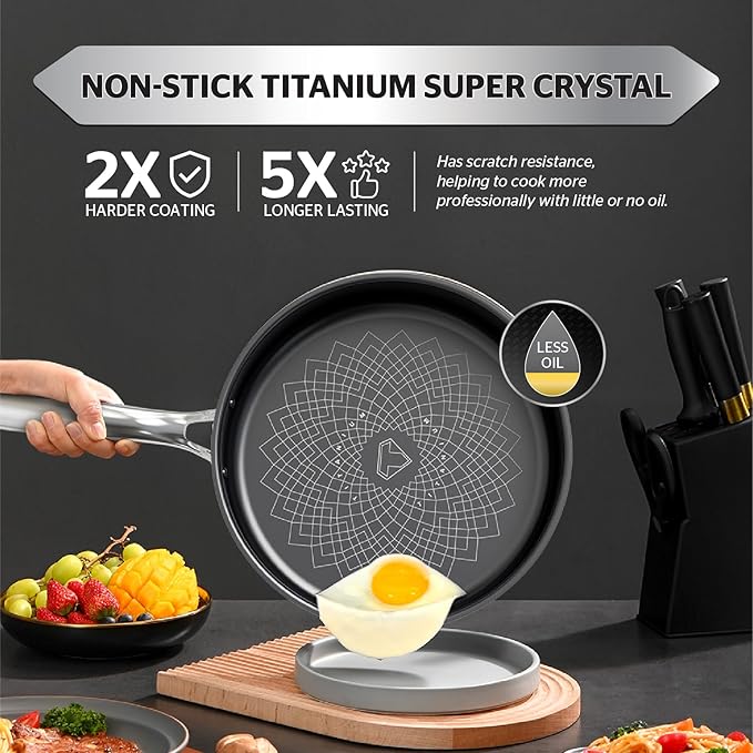 Sunhouse Titanium-Coated Tri-Ply Stainless Steel Pan, 10 inch frying pan, Non-Toxic, PFAS PFOA & PTFE Free, Oven Safe, Compatible with All Cooktops, Perfect Gifts for Mom or Dad, Premium gift box