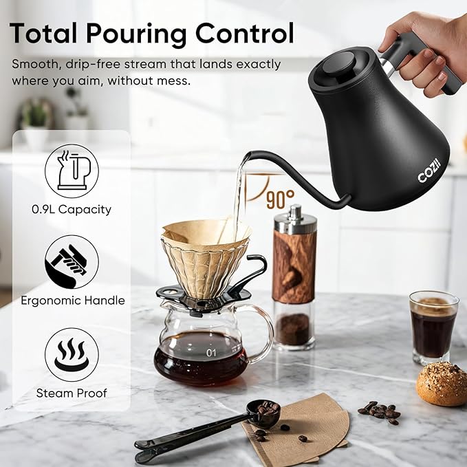COZII Gooseneck Electric Kettle with ±1°F Temperature Control, 1200W Quick Heating for Pour Over Coffee & Tea, 0.9L Water Boiler with 24H Keep Warm & Auto Shut Off, Stainless Steel Interior, Black