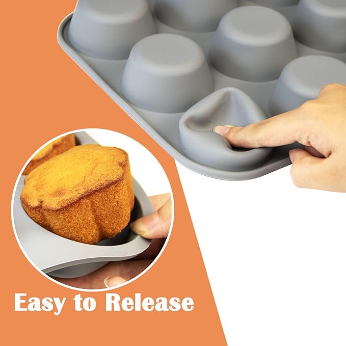 12 Cups Silicone Mini Muffin Pan Set, Nonstick Mini Cupcake Pans, BPA Free Small Muffin Tin for Baking, Set of 2 (Gray+Gray)