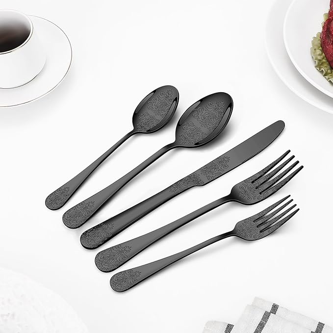 40 Pcs Black Silverware Set for 8 with Classical Flower Embossed Design, Food Grade Stainless Steel Flatware Set, Eating Utensils Sets Include Fork/Knife/Spoon, Cutlery Set, Dishwasher Safe