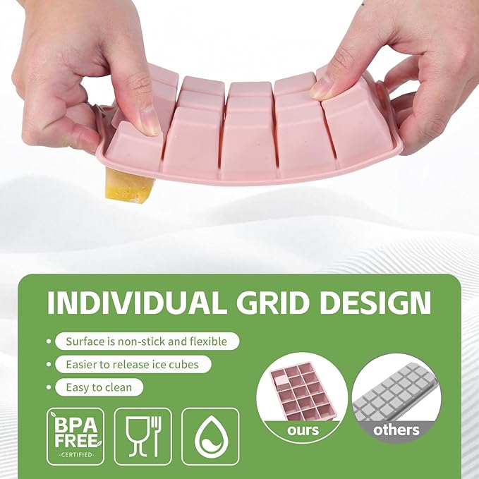 Silicone Ice Cube Tray, 2 Pack Easy-Release Stackable Ice Trays for Freezer with Lid 15 Reusable Cubes, Food Grade BPA Free Ice Molds for Whiskey, Baby Food, Coffee, Cocktail, Drinks (Pink)
