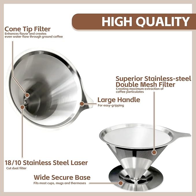 Pour Over Coffee Dripper Stainless Steel Coffee Filter Metal Cone Filter Extra Fine Wire Mesh Reusable Coffee Filter Coffee Maker (Silver, 1-2 Cups)