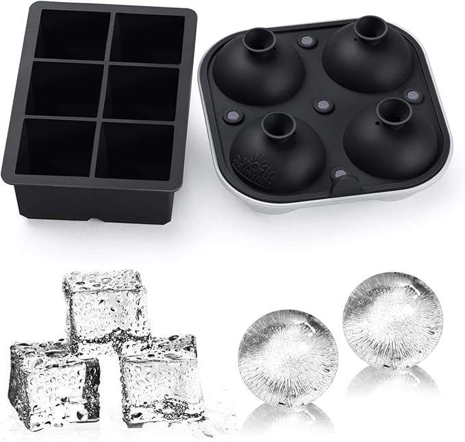 Samuelworld Large Silicone Premium Ice Trays, 2-Pack Combo, 2 Inches Big Ice Cube Tray & 2.5 Inches Large Ice Sphere - BPA Free, Craft Ice Maker for Gifting, Whiskey, Cocktails, Easy Release - Black