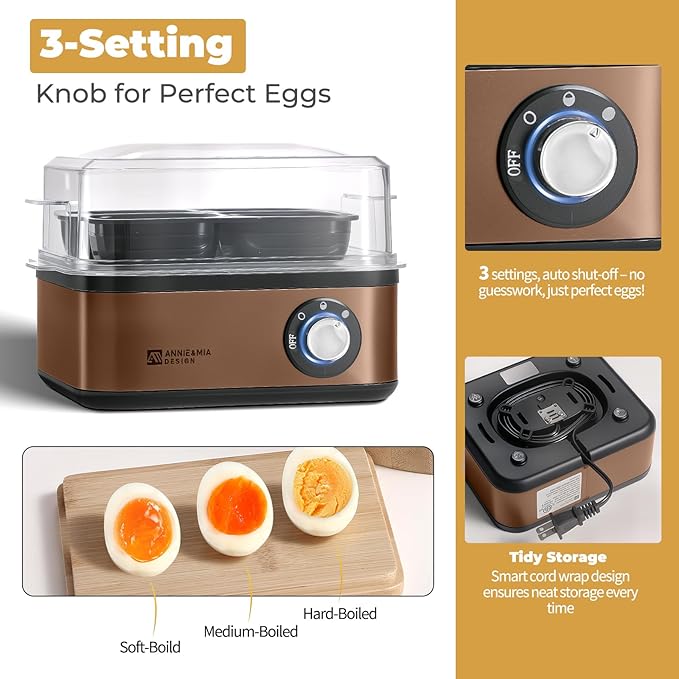 Annie & Mia Design Electric Egg Cooker, Stainless Steel 8 Egg Capacity egg boiler, 500W, Hard, Medium, Soft Boiled Egg Poacher, egg steamer, Multi-function, Knob Auto Shut-Off Function (Gold)