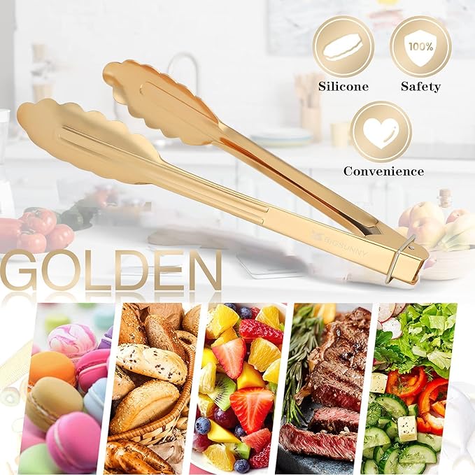 MSY BIGSUNNY 9 Inch Kitchen Food Tongs for Cooking and Serving- Aluminum - Set of 3 (gold-plated)