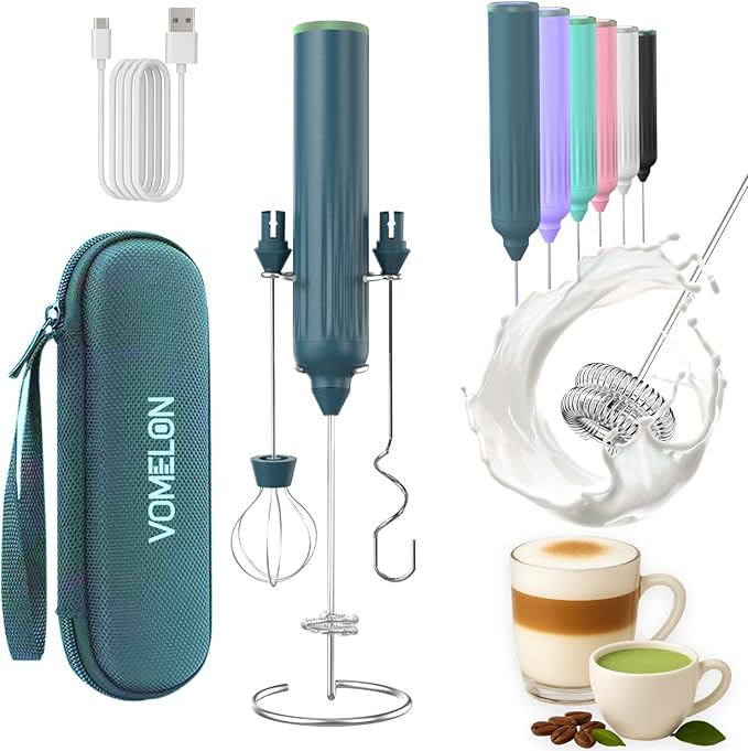 Milk Frother Handheld with 3 Stainless Steel Whisks, Rechargeable Electric Drink Mixer with Stand & Travel Case, Milk Foamer for Coffee, Latte, Cappuccino, Hot Chocolate, Egg,Jam Supplement-Green
