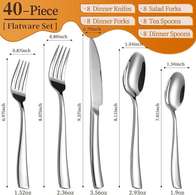40-Piece Black Silverware Set, Heavy Duty Stainless Steel Flatware Cutlery Set Service for 8, Food-Grade Utensil Sets for Home Restaurant, Dishwasher Safe