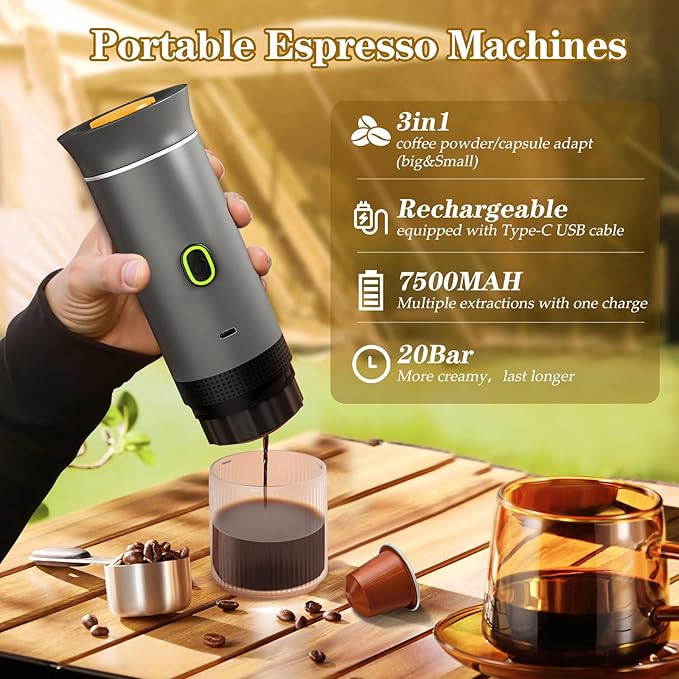 Portable Coffee Maker, Espresso Machine for camping, Travel Coffee Maker with USB-C, 3-in-1 Small Espresso Machine with Ground Coffee & Capsules (NS＆DG) for RV, Hiking, Office(Grey)