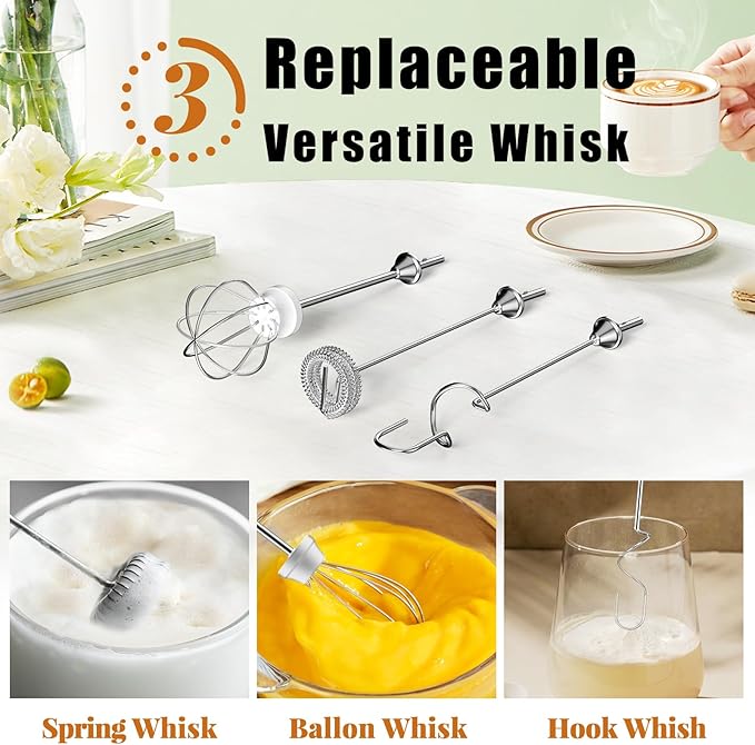 Nahida Beige Milk Frother Wand for Coffee, Frother Handheld Rechargeable Electric Whisk with 3 Heads 3 Speeds Drink Mixer Coffee Frother Foam Maker For Latte, Cappuccino, Hot Chocolate, Egg