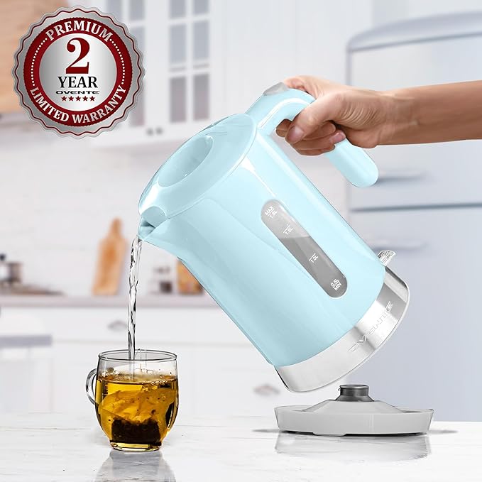 OVENTE 1.8L Electric Kettle, 1500W Fast Boiling Heater for Coffee or Tea, BPA Free, Easy to Fill Lid, Water Level Window, Auto Shut-Off, Boil-Dry Protection and Removable Filter, Blue KP413LBL