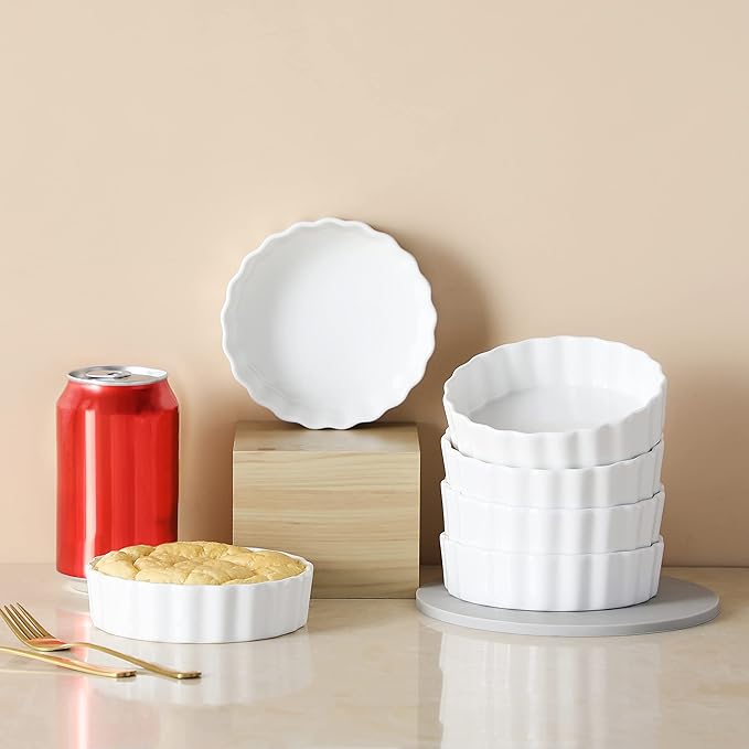 LOVECASA Porcelain Ramekins 8 Oz Oven Safe Set of 6 - Shallow Creme Brulee Dishes for Baking, Soufflés, Custards, Fluted Quiche Pans, Chip-Resistant & Stackable, White