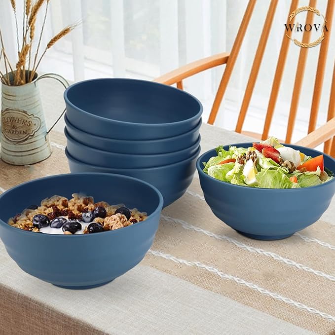 Wheat Straw Bowls Set 60 OZ Unbreakable Large Cereal Bowls Set of 6 Microwave and Dishwasher Safe Bowls Big Bowls for Camping and Party BPA Free Soup Bowl for Serving Oatmeal and Salad (Blue)