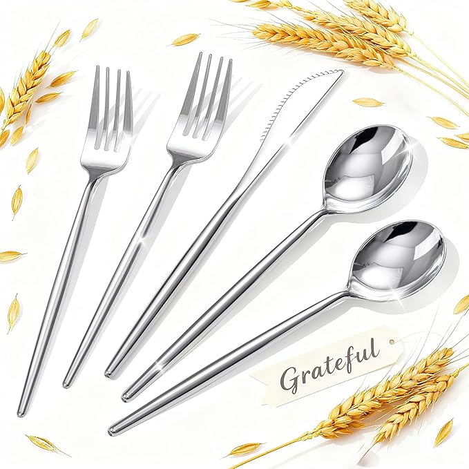 Rubtlamp 90Pcs Silver Plastic Silverware, Silver Plastic Thanksgiving Utensils, Plastic Cutlery Include 30 Knives, 30 Forks and 30 Spoons, Silverware Heavy Duty For Thanksgiving