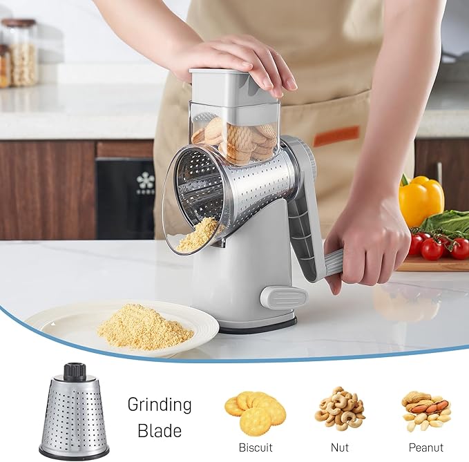 VEKAYA Cheese Grater, Cheese Grater Hand Crank, 4 Interchangeable Blades Cheese Shredder, Vegetable Slicer, Non-slip Suction Base, Easy to Clean Rotary Grater with Handle (Grey)