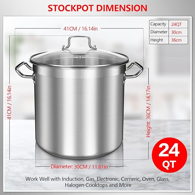 24 Quart Stainless Steel Stock Pot with Glass Lid – Heavy Duty Cooking Pot for Soup, Stew, Pasta – Induction Compatible, Dishwasher Safe – Ideal for Home & Commercial Use