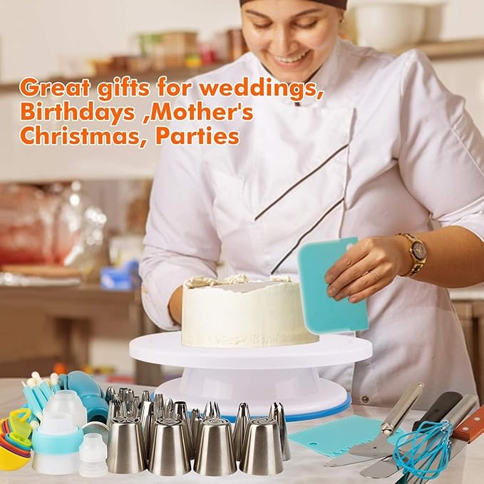 207 Pcs Cake Decorating supplies Kit for Beginners Cake Turntable-100+ Piping Bags-Russian Piping Tips-Icing Spatula Cake Decorating Tools