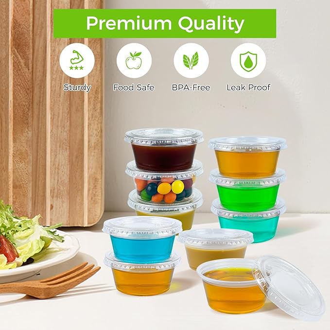 360 Set 4 oz Jello Shot Cups with Lids, Sturdy & Food Safe Disposable Plastic Portion Condiment Dipping Sauce Cups, Small Containers for Salad Dressing