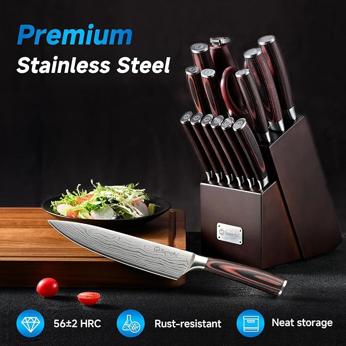 Sunnecko Knife Set with Block and Sharpener, 15 PCS Kitchen Knife Block Set Sharp Kitchen Knives High Carbon Stainless Steel with Pakkawood Handles