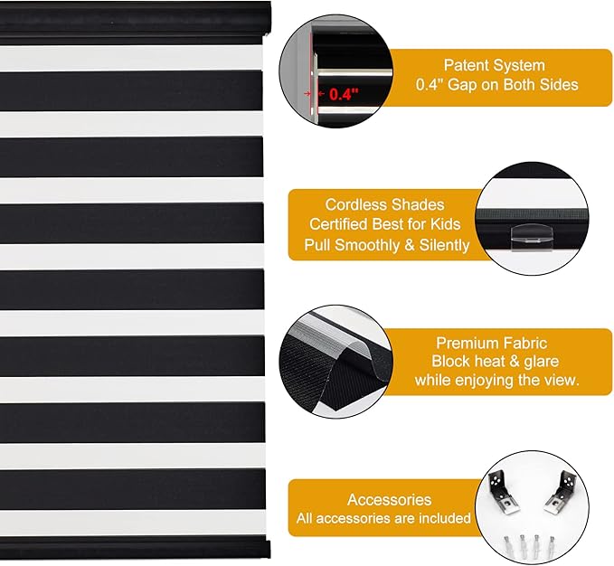 Persilux Cordless Zebra Blinds for Windows (36" W X 72" H, Black) Free-Stop Windows Shades Dual Layer Light Control for Day and Night, Light Filtering Sheer Shades for Home, Easy to Install