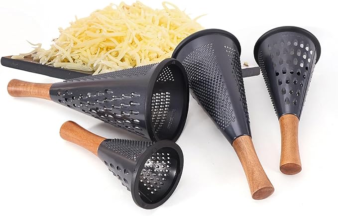 Cone Cheese Grater with Handle Stainless Steel Grater Triple Function Wood Handle Shredder Non-Slip Rubber Bottom Hand Held Multifunction Vegetables Grater Black 4-Size (Size M: 9.4" X 4.3" Black)
