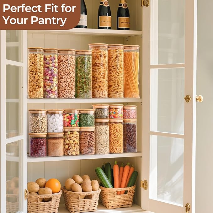 ComSaf Airtight Glass Food Storage Jars Set of 6, 0.6 Qt Clear Glass Food Storage Container with Sealing Wooden Lid, Stackable Spice Jar, Round Kitchen Canister for Sugar, Tea, Coffee bean, Pasta, Oat