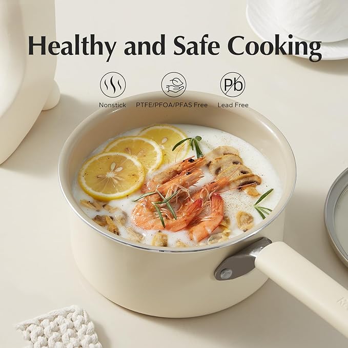 Redchef Ceramic Nonstick Saucepan with Lid, 1.5QT Small Cooking Pot, Non Toxic Sauce Pans for Kitchen, Cool Handle PFAS Free Compatible with All Cooktops, White