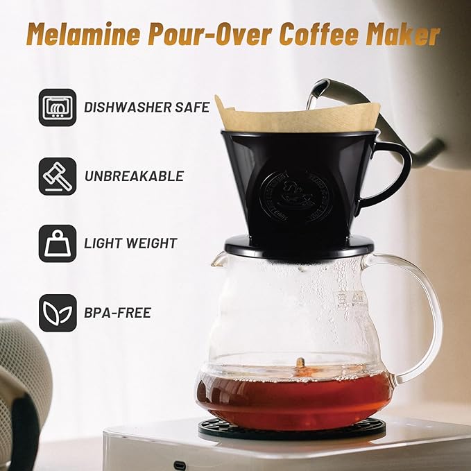 Melamine Pour Over Coffee Maker with 3 Drip Holes, Pour Over Coffee Dripper For Camping, Home, Café, Size 02 (Black)