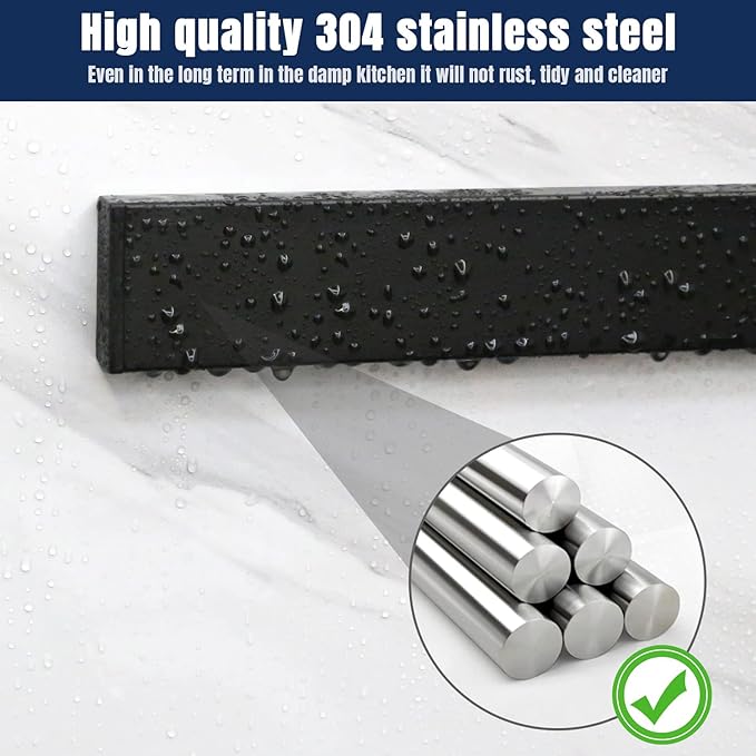 Dmore magnetic knife holder for wall—with 2 hooks, No Drilling 12 Inch black knife magnetic strip, Powerful knife magnet rack, include Adhesive Tape and screws for Knives, Utensils, and Tools