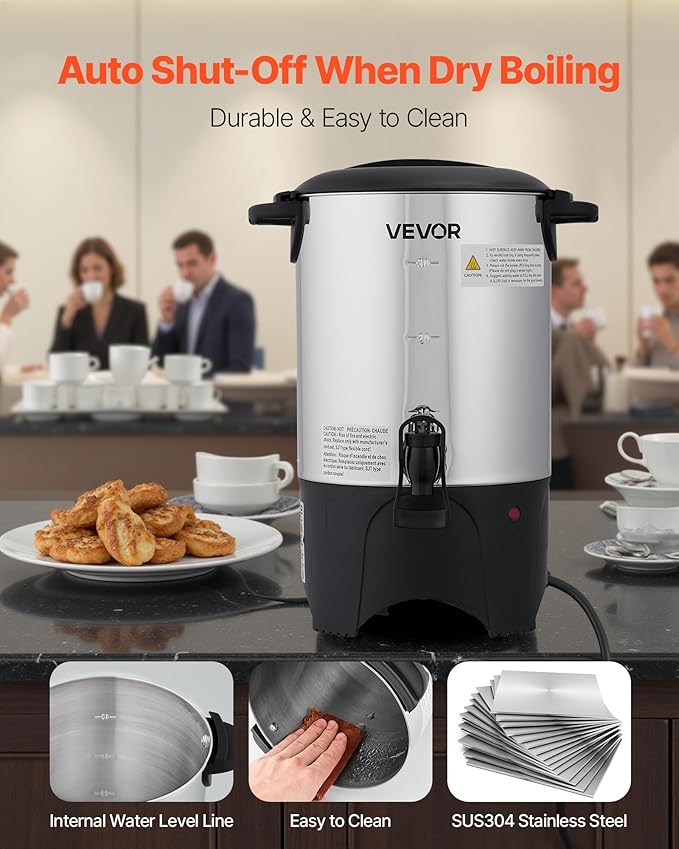 VEVOR Commercial Coffee Urn, 30 Cup 4.5 L Hot Beverage Dispenser with Dripless Faucet, Quick-Brewing Commercial Coffee Maker with Stainless Steel Liner, for Catering, Business, Church & Restaurant