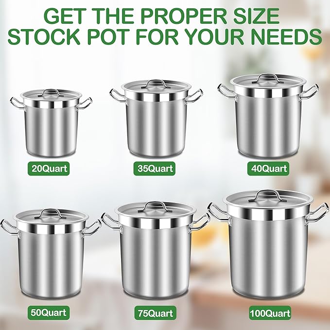 Extra-Large Stainless Steel Stock Pot – Commercial Heavy Duty Soup Pot with Lid, 3-Ply Base for Fast Heating, Ideal for Seafood Boils and Outdoor Cooking - 100 Quart