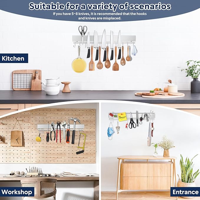 17 inch Magnetic Knife Holder with 10 Hooks, No Drilling Wall Mount, Powerful Magnet Rack