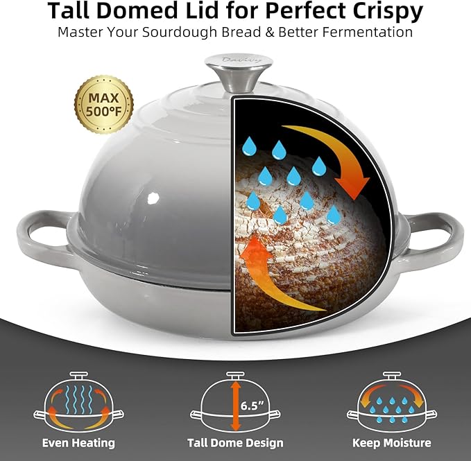 Davivy 5.5QT Cast Iron Dutch Oven with Silicone Baking Mat, 10" Round Bread Dutch Oven, Sourdough Bread Baking Pan, Enameled Cast Iron Bread Oven - Light Grey