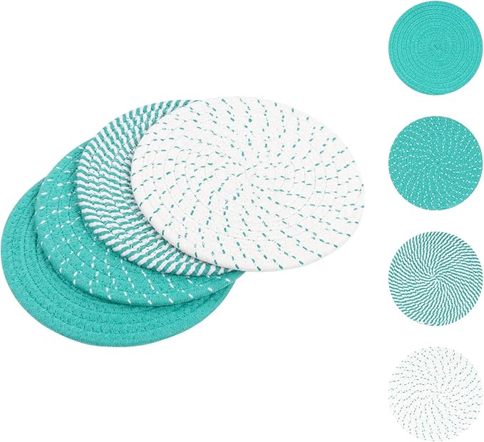 SHACOS 8 Inches Trivets for Hot Dishes, 4 Pieces Cotton Trivets Mats for Kitchen, Hot Pads for Countertops and Table, Heat-Resistant Pot Holders for Hot Pots and Pans(Teal Blue, 4pcs)