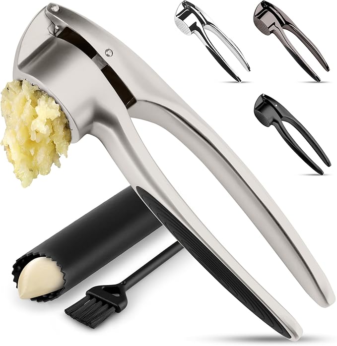 Zulay Kitchen Premium Garlic Press Set – Rust Proof & Dishwasher Safe Garlic Mincer Tool with Silicone Garlic Peeler & Brush, Easy Squeeze & Clean, Ergonomic Soft Grip Handle - Medium – Silver