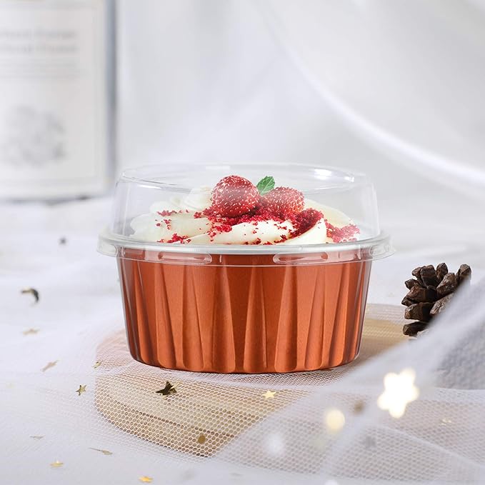 EUSOAR Dessert Cups With Lids, 5 OZ 100pcs Baking Cups with Lids,125ml Snacks Desserts Flan, Recyclable Economical Catering Gathering Club Shower Wedding Party Favor Baking Cups-Caramel