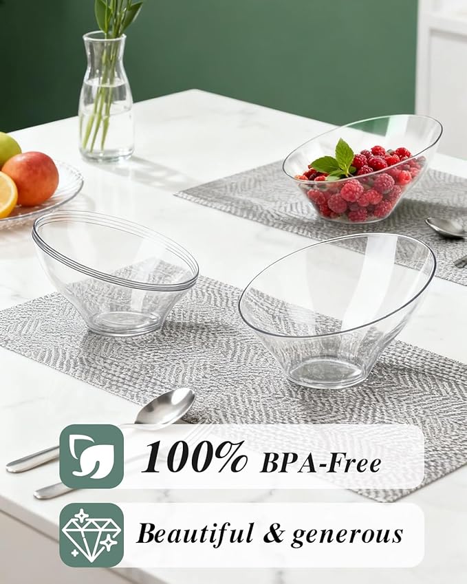 BESTVIP 12 Pack 20oz Angled Disposable Serving Bowls - Clear Plastic Serving Bowls for Party, Party for Chips, Snacks, Fruit, Salad - Bowls for Parties, Daily Use, Catering,Halloween, Christmas