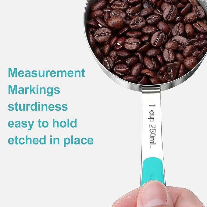 Measuring Cups and Spoons Set, Stainless Steel 10 Piece for Cooking and Baking (5 Cups + 5 Spoons, Aqua Sky Handle)