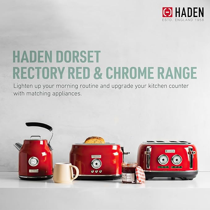 Haden Dorset 2 Slice Wide Slot Stainless Steel Toaster with Adjustable Browning Control & Non-Slip Feet, Rectory Red