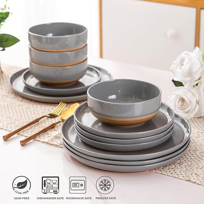 AmorArc Ceramic Dinnerware Sets for 8, 24 Pieces Handpainted Plates and Bowls Set with Rustic Terracotta Underside, Scratch Resistant Stoneware Dishes Set, Dishwasher & Microwave Safe