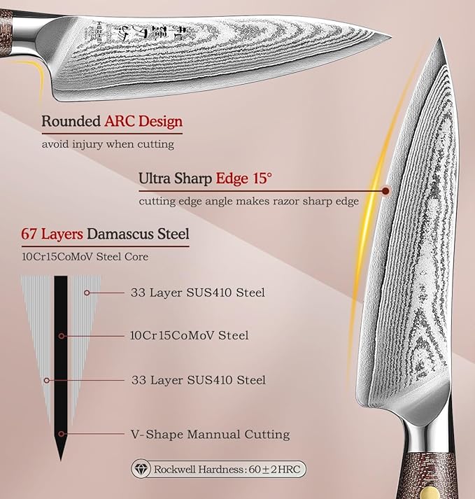 HEZHEN 5.3 Inches All Purpose Kitchen Knife with Sheath, 67 Layers Damascus Steel Kitchen Utility Knife for Cooking Preparation, Petty Knife, Micarta Handle,Gift Ready