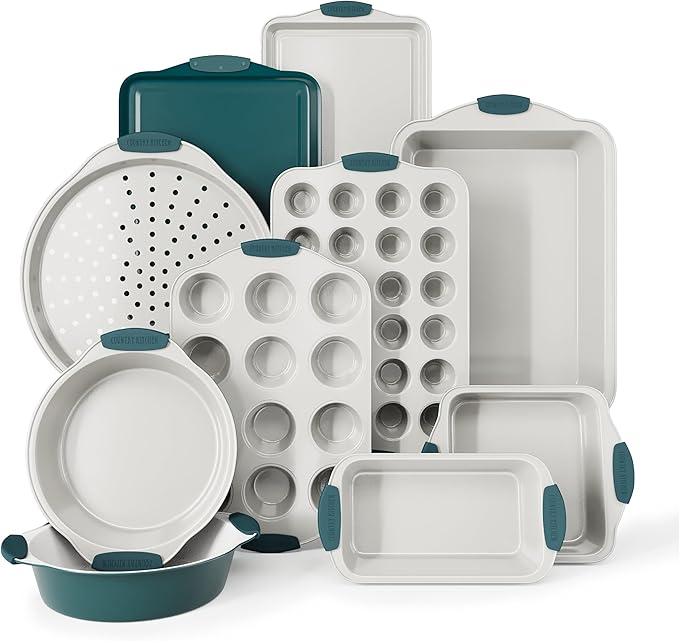 Country Kitchen Nonstick Stackable Bakeware Set - Heavy Duty, Durable, Easy Release Baking Set, Sage, 10 Pcs