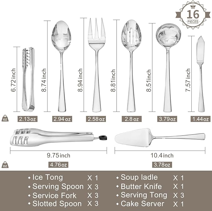 KINGSTONE 16 Piece Serving Utensils Set, 18/10 Stainless Steel Serving Utensils, Slotted Spoon, Fork, Tong, Soup Ladle, Cake Server, Butter Knife and Ice Tong for Buffet, Parties, Kitchen